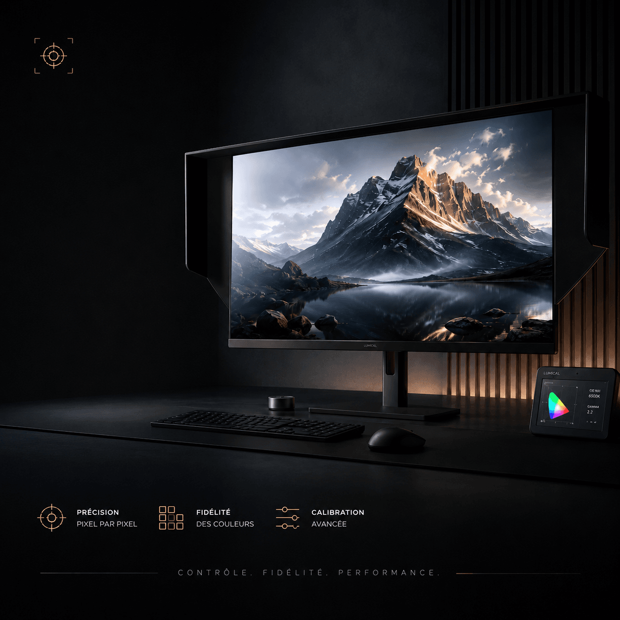 Station d’optimisation haut de gamme dans un studio noir et or : moniteur professionnel, précision pixel par pixel et fidélité des couleurs.