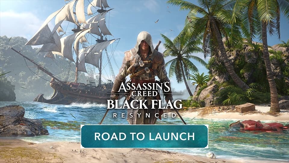 Edward Kenway devant le Jackdaw sur une plage tropicale dans un visuel officiel de Black Flag Resynced.
