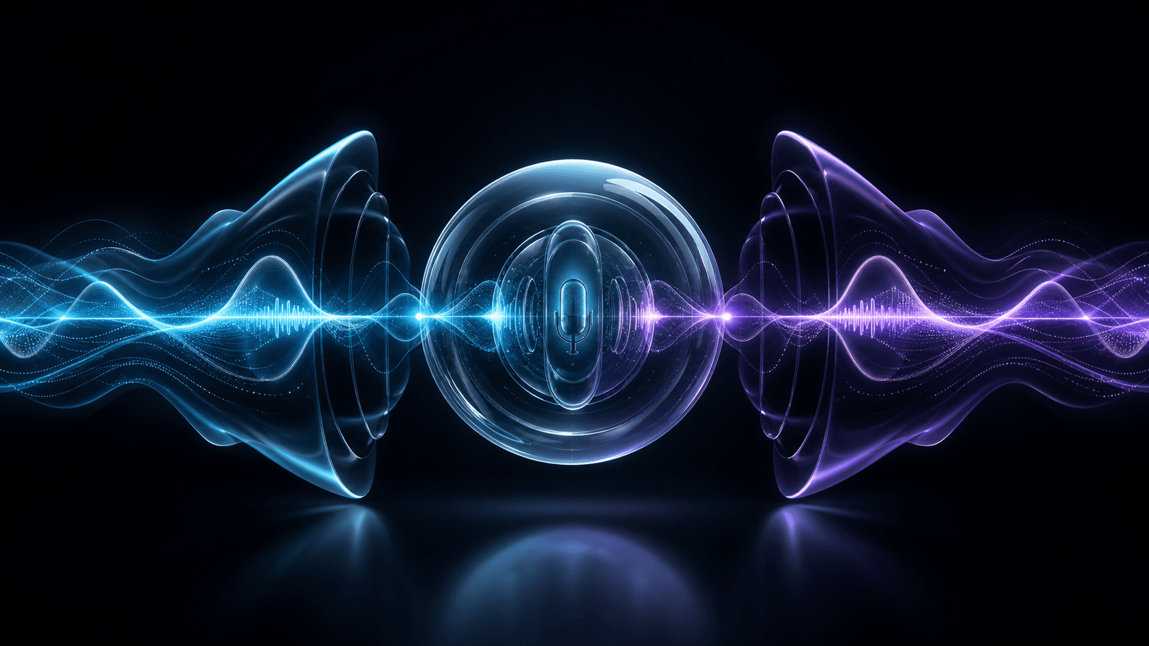 Deux flux audio cyan et violet circulent simultanément autour d’un microphone placé dans une sphère de verre.