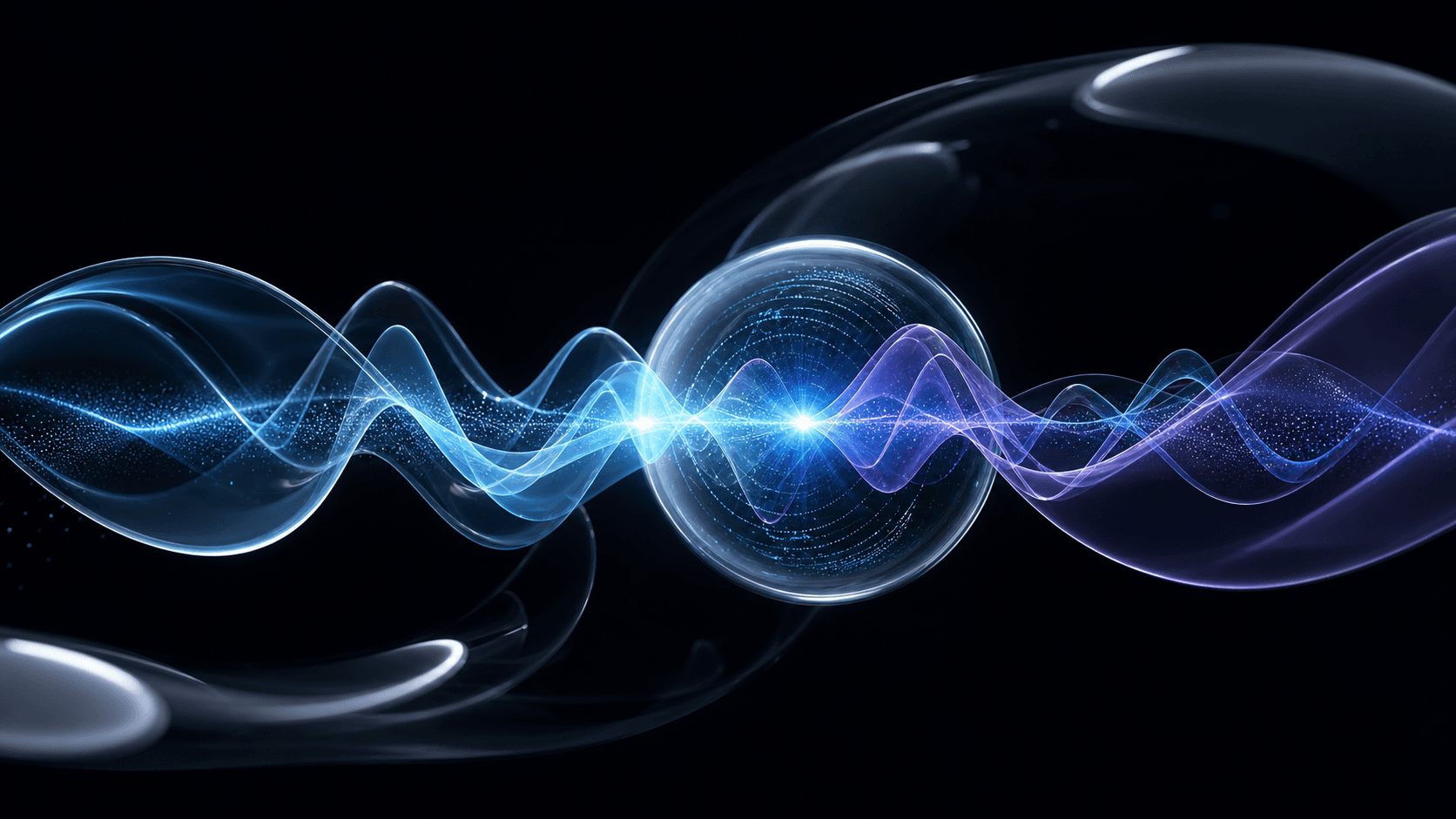 Deux ondes vocales bleue et violette se croisent autour d’un noyau lumineux en verre.