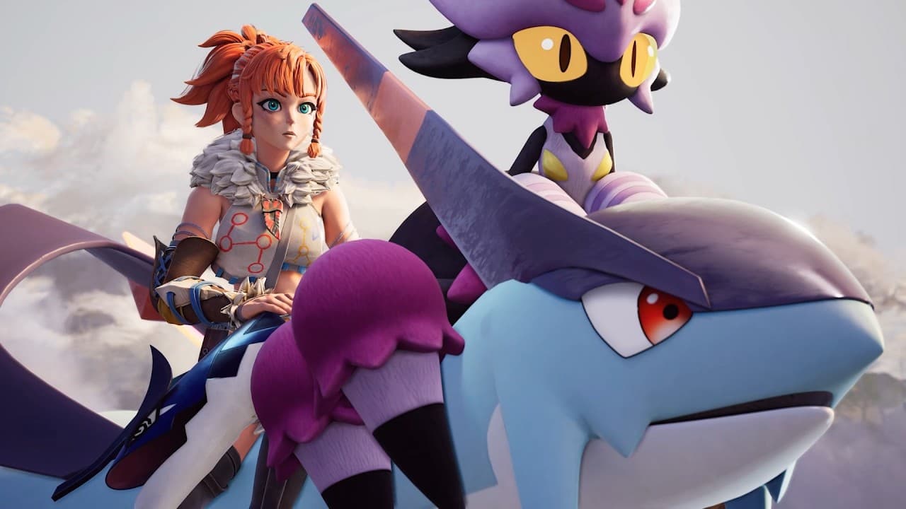 Une aventurière chevauche un Pal volant aux côtés d’une petite créature violette dans la bande-annonce de Palworld 1.0.