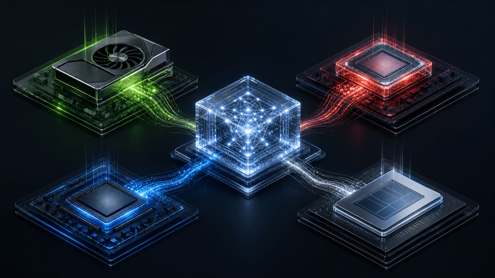 Un cœur d’inférence lumineux relie quatre modules de calcul aux architectures différentes.